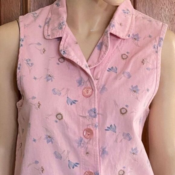 Vintage Vest Floral Cotton Denim Pink Button Front Collared Sleeveless Medium - Picture 5 of 7